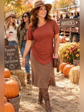 Nine West Asymmetrical Neckline Ruched Tunic Fall Cinnamon Pumpkin Terracotta L